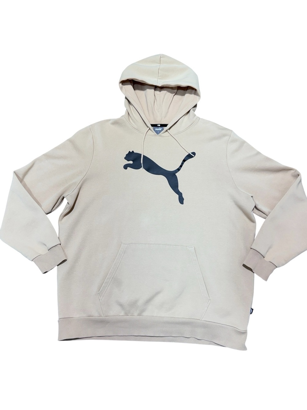 PUMA Mens XL Beige Logo Pullover Hoodie Sweatshirt Cotton Blend Kangaroo Pocket